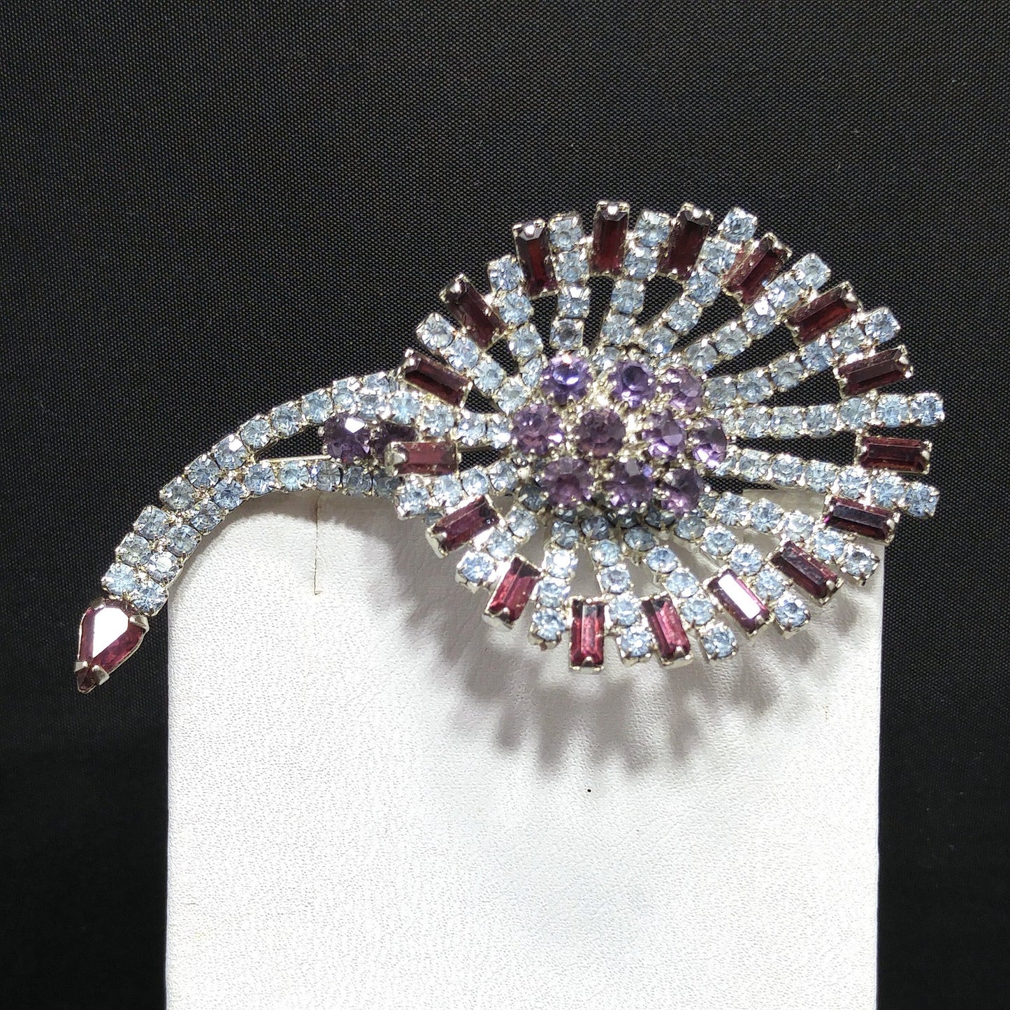 Hobe Purple Light Blue Rhinestone Lily Floral Brooch, Rhodium Plated, 1960s Vintage Jewelry