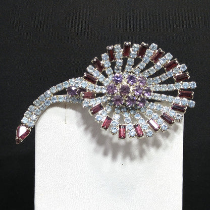 Hobe Purple Light Blue Rhinestone Lily Floral Brooch, Rhodium Plated, 1960s Vintage Jewelry