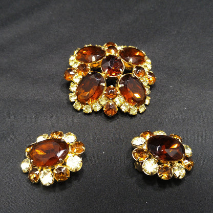 Topaz Rhinestone Brooch & Clip Earrings Set, Gold Plated, 1960s Vintage Jewelry
