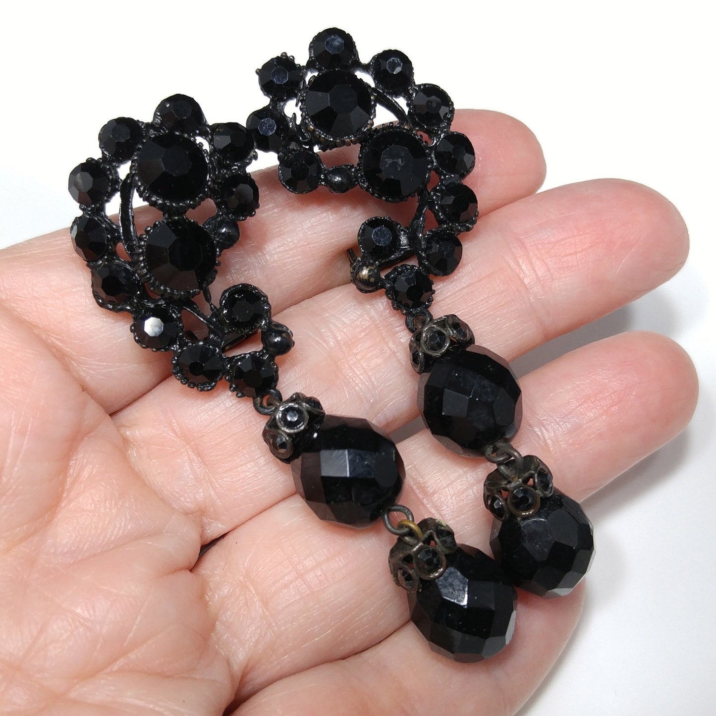 Vintage 1950s Japanned Black Crystal Rhinestone Drop Earrings
