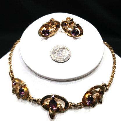 Purple Rhinestone Floral Necklace & Screw Back Earrings, Gold Plated, 1940s Vintage Jewelry