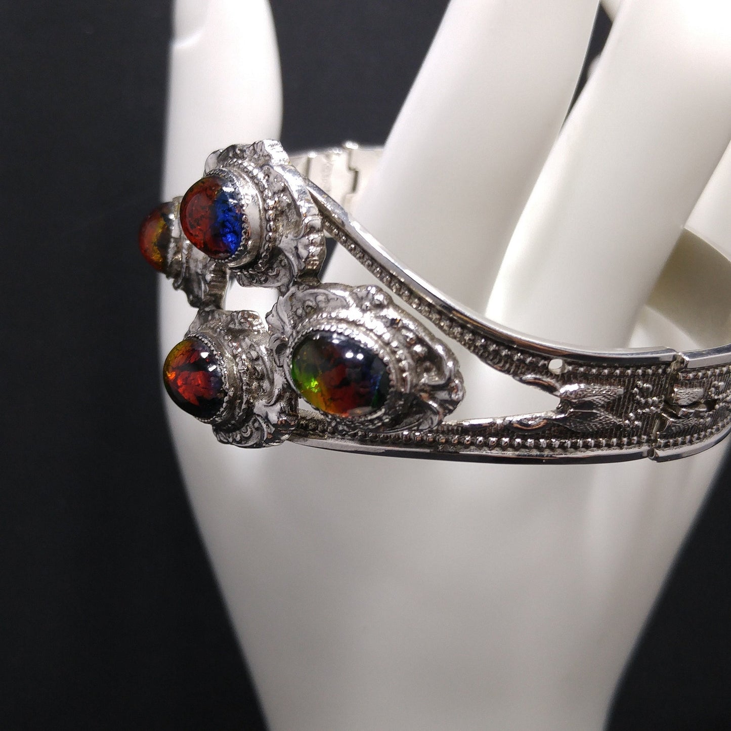 Whiting & Davis Cuff Bracelet, Gold Foil Rainbow Cabochons, Rhodium Plated, 1970s Vintage Jewelry