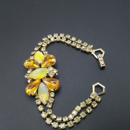 Topaz Opalescent Rhinestone Bracelet, Gold Plated, 1960s Vintage Jewelry