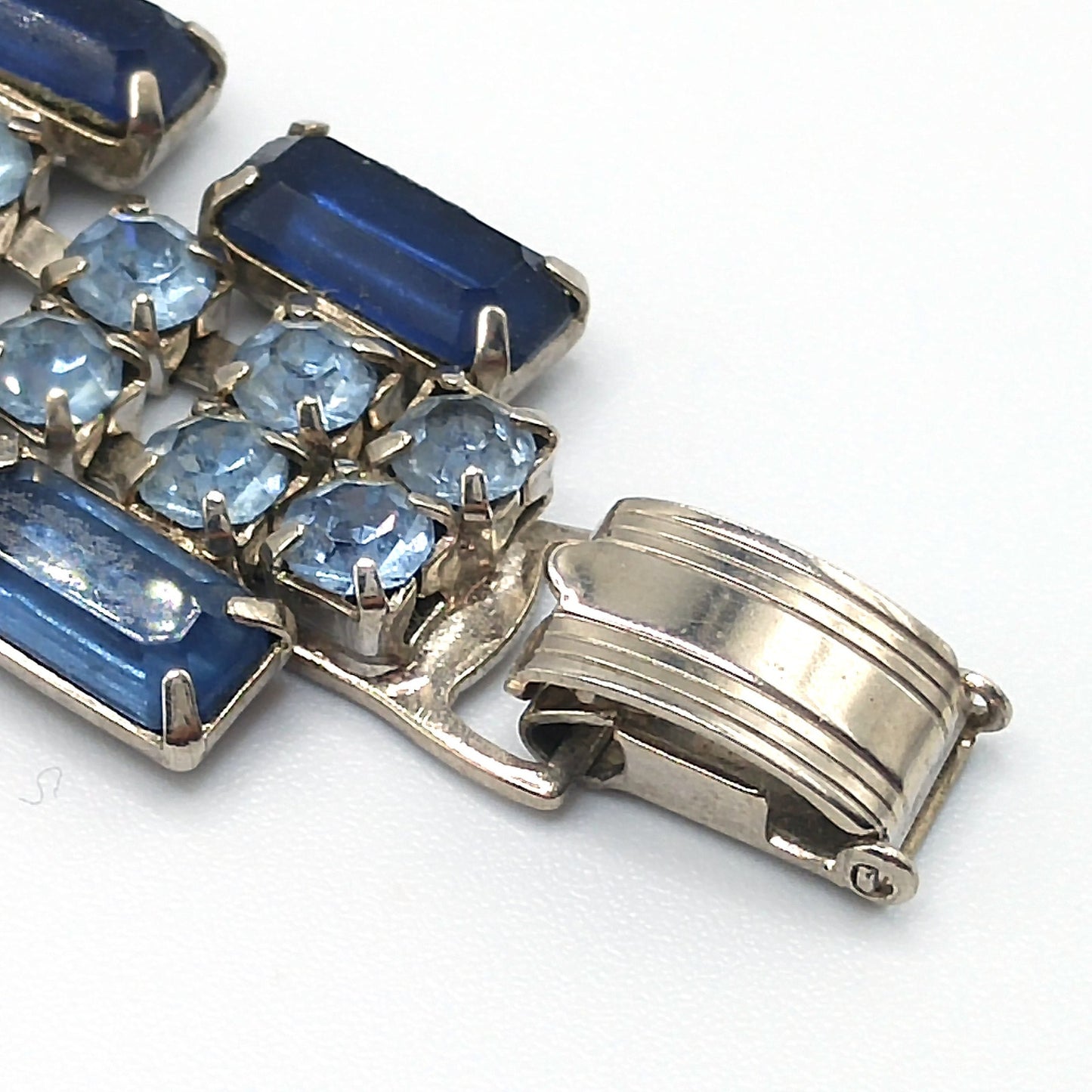 Blue Rhinestone Wide Bracelet, Darker Lighter Blue, Mid-Century, 1950s Vintage Jewelry