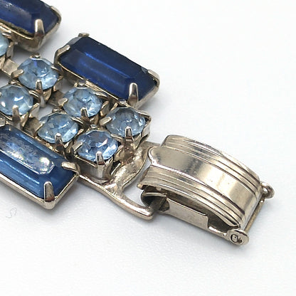 Blue Rhinestone Wide Bracelet, Darker Lighter Blue, Mid-Century, 1950s Vintage Jewelry