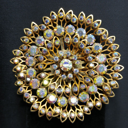 Austrian Crystal Flower Large Brooch, Aurora Borealis, 1950s Vintage Jewelry