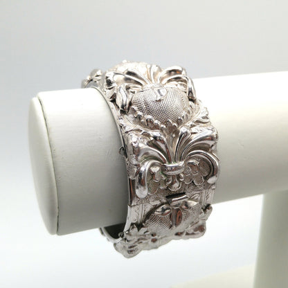Whiting & Davis Floral Wide Hinged Bracelet, Rhodium Plated, Book Piece, 1970s Vintage Jewelry