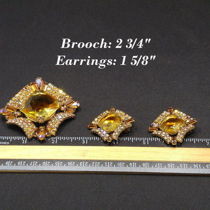 Mid-Century Modern Large Topaz Glass Brooch & Earrings, Gold Plated, 1960s Vintage Jewelry
