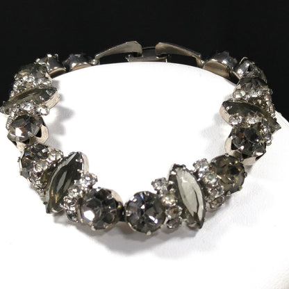 Black Diamond & Clear Rhinestone Jewelry Set, Necklace Bracelet Clip Earrings, 1950s Vintage Jewelry