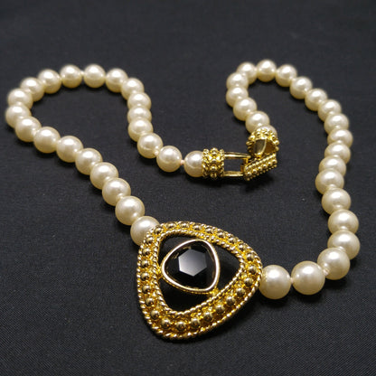 Swarovski Faux Pearl Necklace with Black Crystal Pendant, Gold Plated, 1990s Vintage