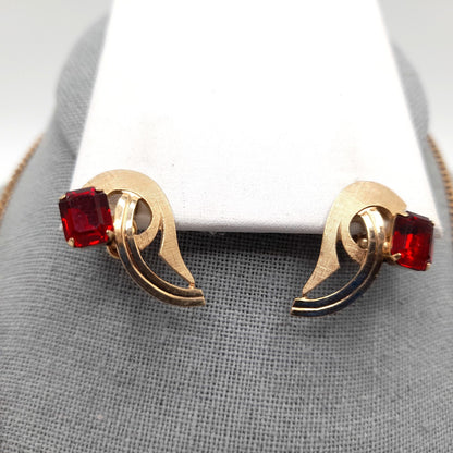 Van Dell Red Rhinestone Necklace Earrings Set, 12K GF, Screw Back Earrings, 1940s Vintage Jewelry