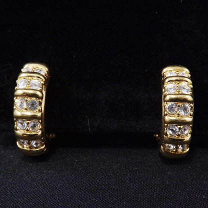 Swarovski Clear Rhinestone Half Hoop Clip On Earrings, Gold Tone, 1990s Vintage