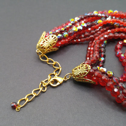 Red Fire Polished Bead Necklace, Nine Strands, 1980s Vintage Jewelry