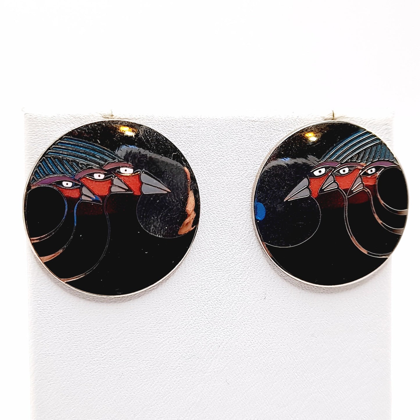 Laurel Burch "Celestial Birds" Post Earrings, Vintage 1980s Rhodium Enamel Jewelry, Designer Statement Earrings, Artistic Retro Style