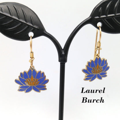 Vintage Laurel Burch Blue Orange Lily Earrings, Enamel Cloisonne, Gold Plated