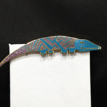 Laurel Burch "Aleucian Alligator" Brooch, Gold Plated Cloisonné Enamel, 1980s Vintage Jewelry