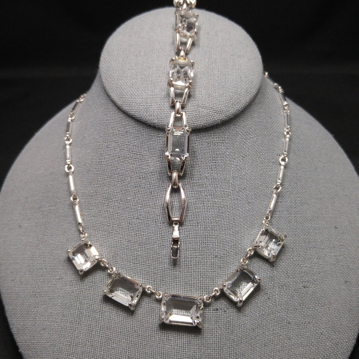Vintage Swarovski Swan Logo Emerald Cut Crystal Necklace & Bracelet Set 1990s