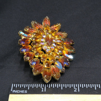 Topaz Rhinestone Lava Glass Brooch, Gold Plated, 1960s Vintage Jewelry