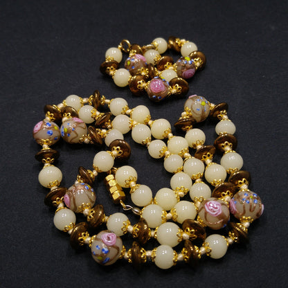 Wedding Cake Venetian Glass Beaded Necklace & Bracelet, Hand Knotted, Murano Lampwork, 1980s Vintage Jewelry