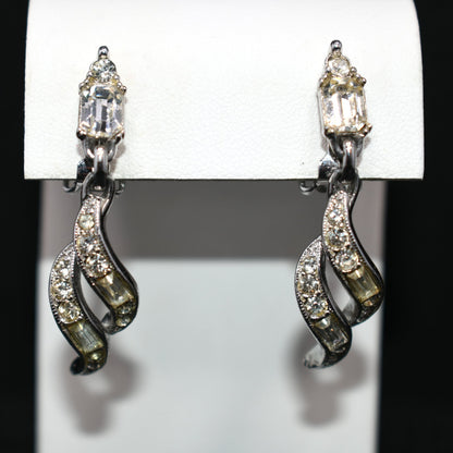 Bogoff Clear Rhinestone Clip Dangle Earrings, Rhodium Plated, Wedding Earrings, 1950s Vintage Jewelry