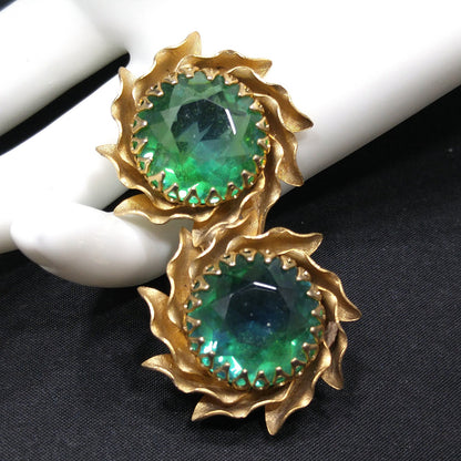 Mid-Century Green Rhinestone Two Flower Brooch, Gold Plated, 1950s Vintage Jewelry