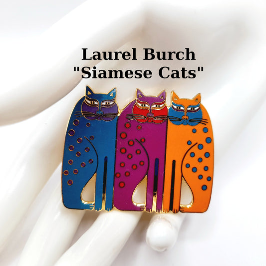 Vintage Laurel Burch Siamese Cats Brooch Pin, Gold Plated Cloisonné Enamel, Colorful Cat Jewelry, Gift for Cat Lovers, 1980s Statement Pin