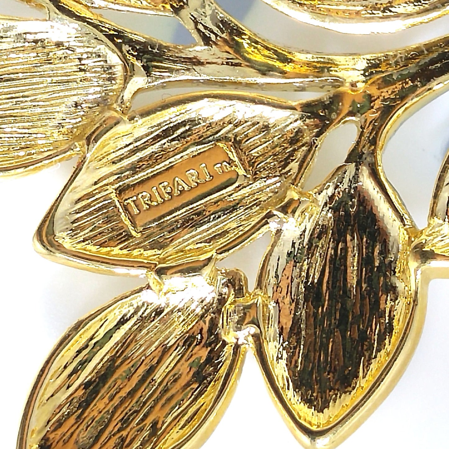 Trifari TM Purple Cabochon Gold Plated Brooch, Spray of Leaves Pin, 1980s Vintage Jewelry