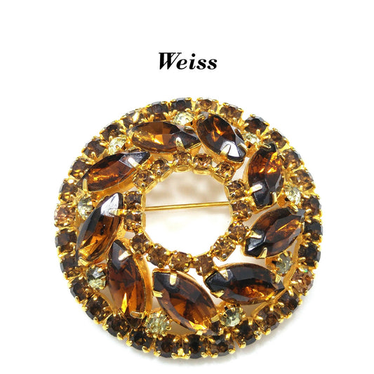 Weiss Topaz Rhinestone Brooch, Jonquil Rhinestone Accents, 1950s Vintage Jewelry