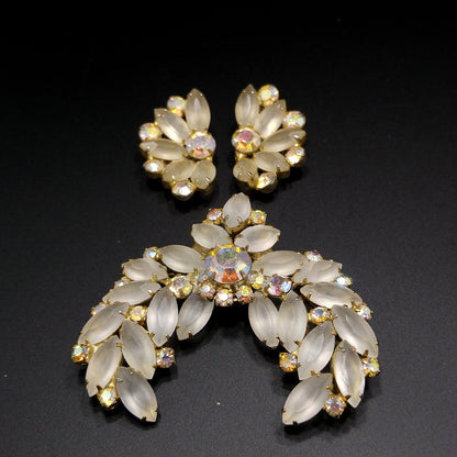 Frosty Rhinestone Brooch & Clip Earrings, Aurora Borealis, Gold Plated, 1960s Vintage Jewelry