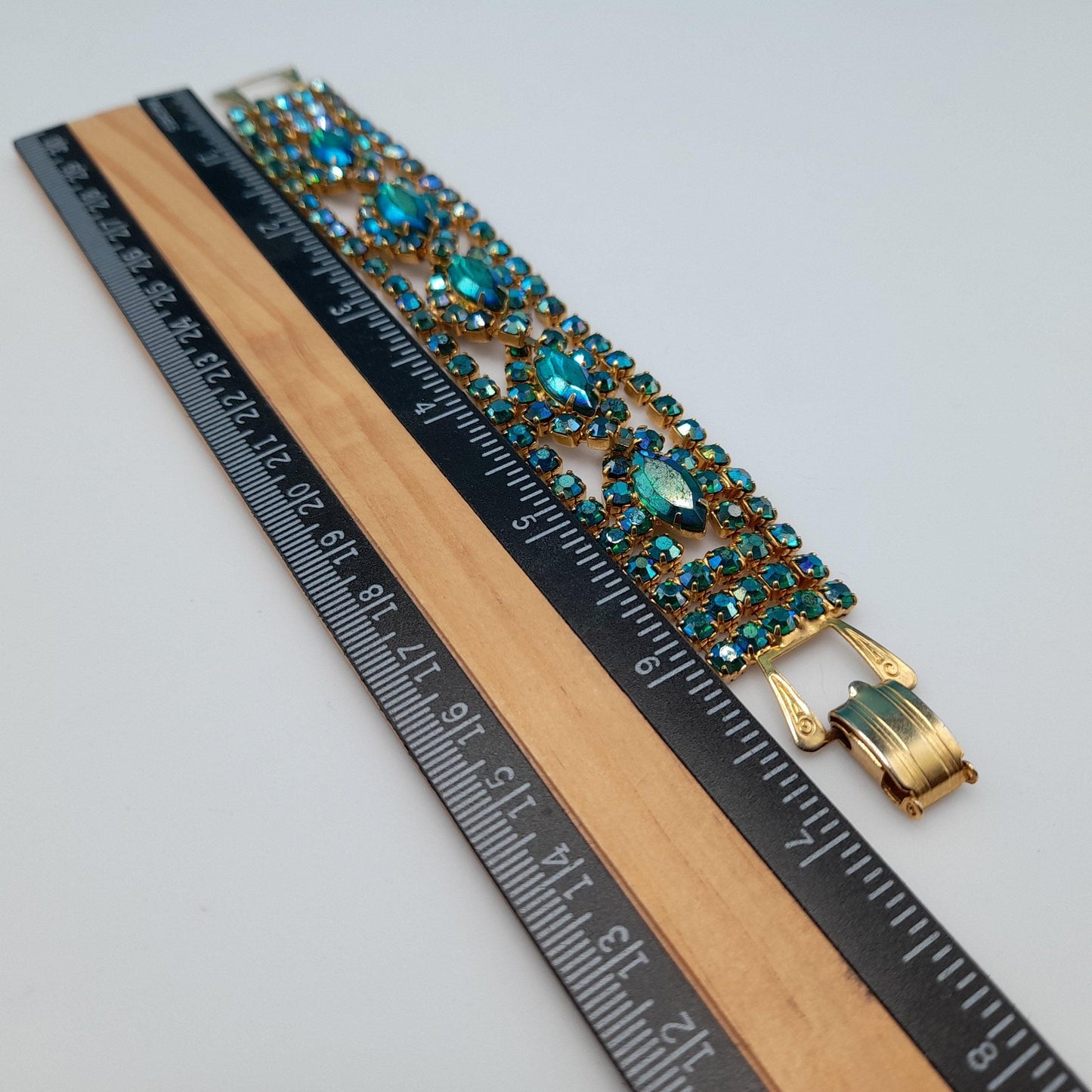 Green Blue Aurora Borealis Rhinestone Bracelet, Gold Plated, 1960s Vintage Jewelry