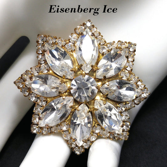 Eisenberg Ice Clear Rhinestone Flower Brooch, Gold Plated, 1960s Vintage Jewelry