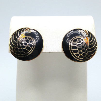 Laurel Burch "Mynah Bird" Black Clip Earrings, Gold Plated, 1980s Vintage