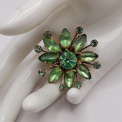Vintage 1950s Uranium Glass Green Rhinestone Brooch Gold Filigree 1.75”