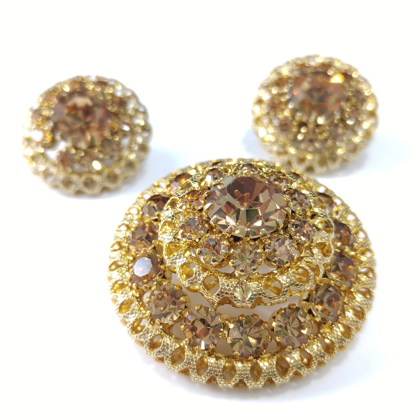 Vintage Austrian Crystal Light Topaz Domed Brooch Earrings Set, Gold Plated 1950s Vintage Jewelry