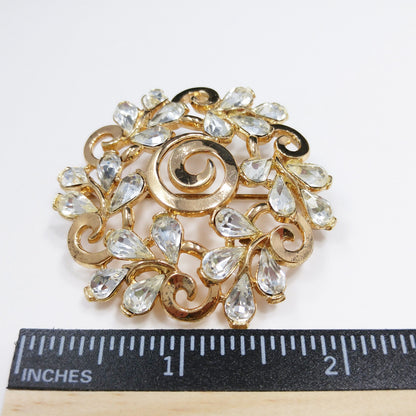 Crown Trifari Floral Brooch, Gold Plated, Clear Rhinestones, 1960s Vintage