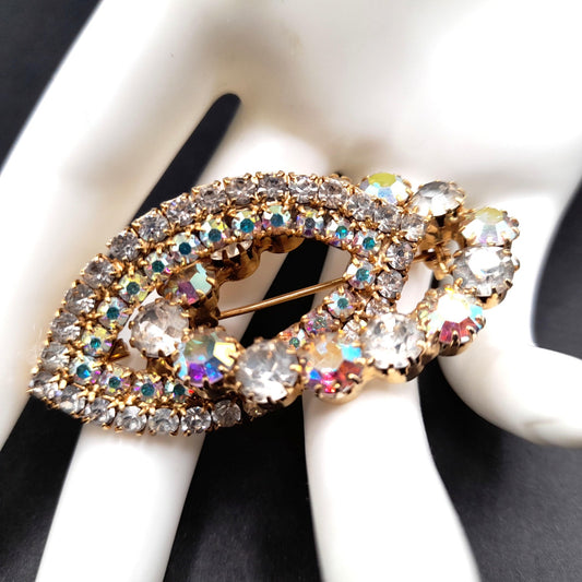 Mid-Century Aurora Borealis Pendant Brooch, Gold Plated, Prong Set Stones, 1960s Vintage Jewelry