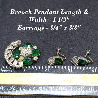 Vintage Green Clear Pendant Brooch Screw-back Earrings, 1940s Vintage Jewelry