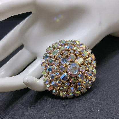 Aurora Borealis Clear Rhinestone Domed Brooch, 1960s Vintage Jewelry