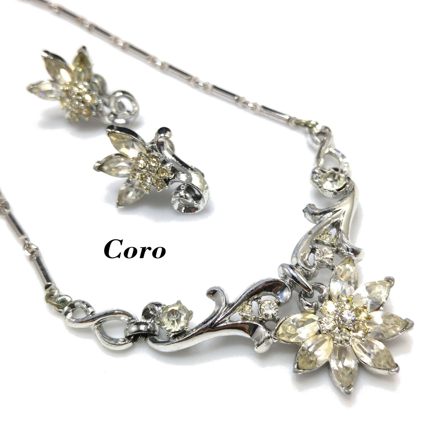 Coro Clear Rhinestone Rhodium Plated Necklace & Earrings, Wedding Jewelry Set, 1950s Vintage Jewelry