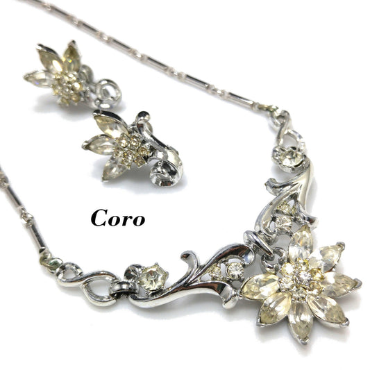 Coro Clear Rhinestone Rhodium Plated Necklace & Earrings, Wedding Jewelry Set, 1950s Vintage Jewelry