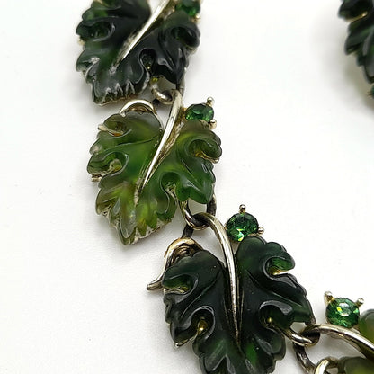 Vintage Lisner Rhinestone Lucite Necklace Earrings Set, Green Molded Leaves Jewelry, 1960s