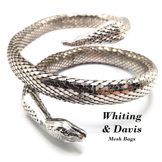 Whiting & Davis Snake Mesh Coil Necklace, Rhodium Plated, Book Piece, 1970s Vintage Jewelry