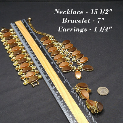 Pakula Topaz Lucite Moonglow Necklace Bracelet Earrings Set, 1950s Vintage Jewelry