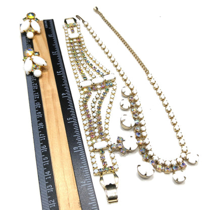 Vintage Milk Glass Jewelry Set, Necklace Bracelet Clip Earrings, Aurora Borealis, 1960s Vintage Jewelry