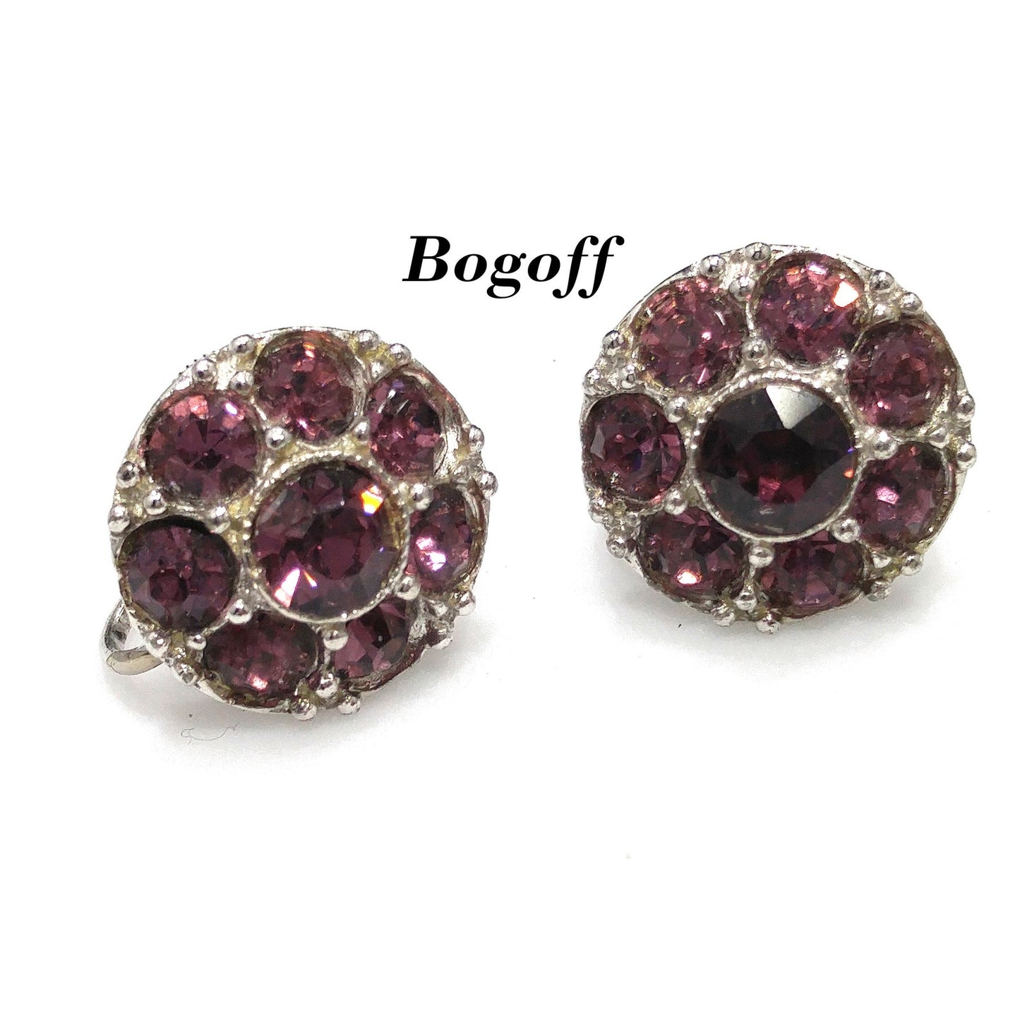 Bogoff Purple Rhinestone Screw Back Earrings, Rhodium Plated, 1940s Vintage Jewelry