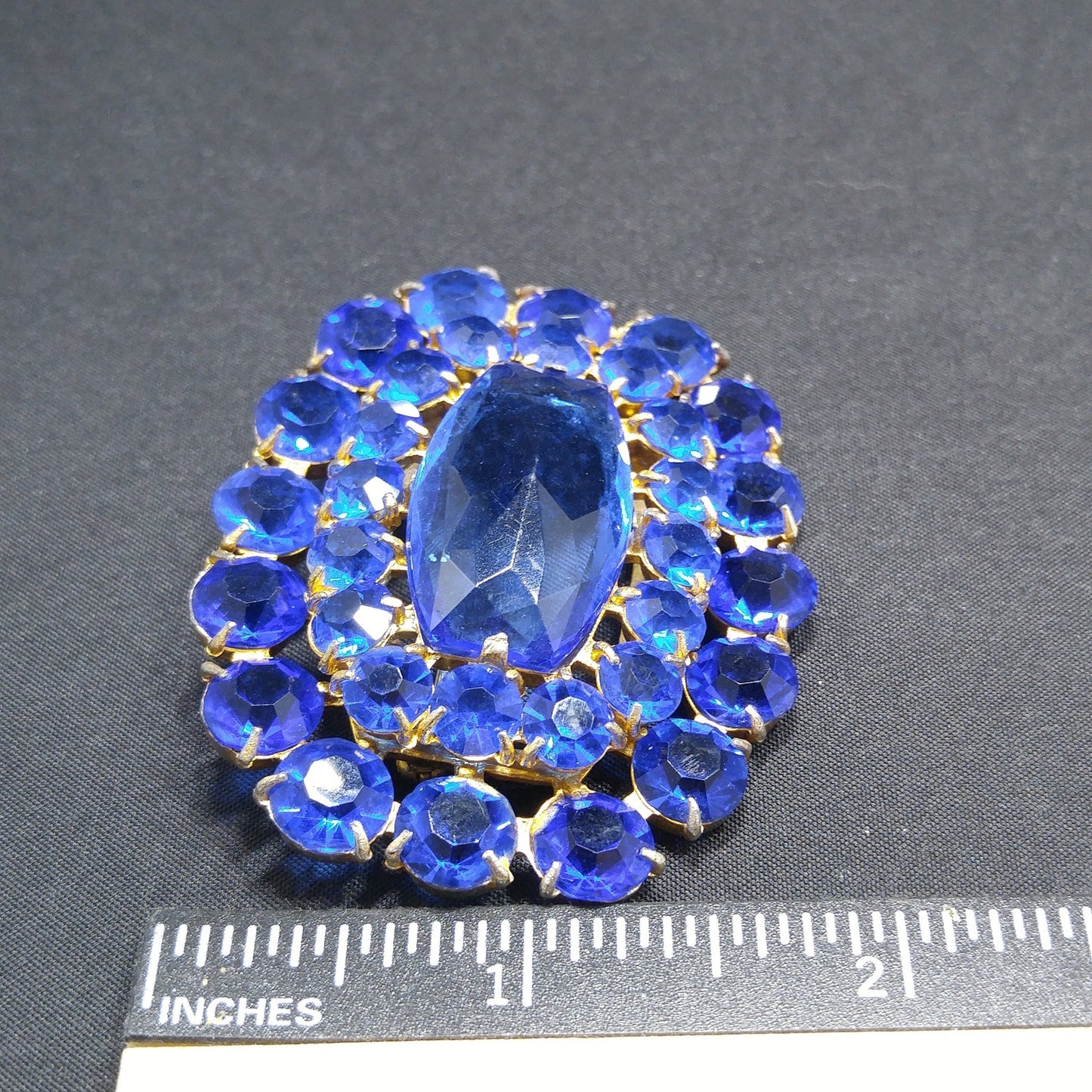 Cobalt Blue Glass Rhinestone Brooch, Large Center Blue Stone, 1940s Vintage Jewelry