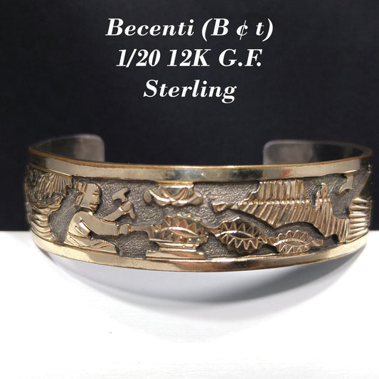 Floyd & Lloyd Becenti Navajo Cuff Bracelet, Gold Filled Sterling, 1990s Vintage Jewelry