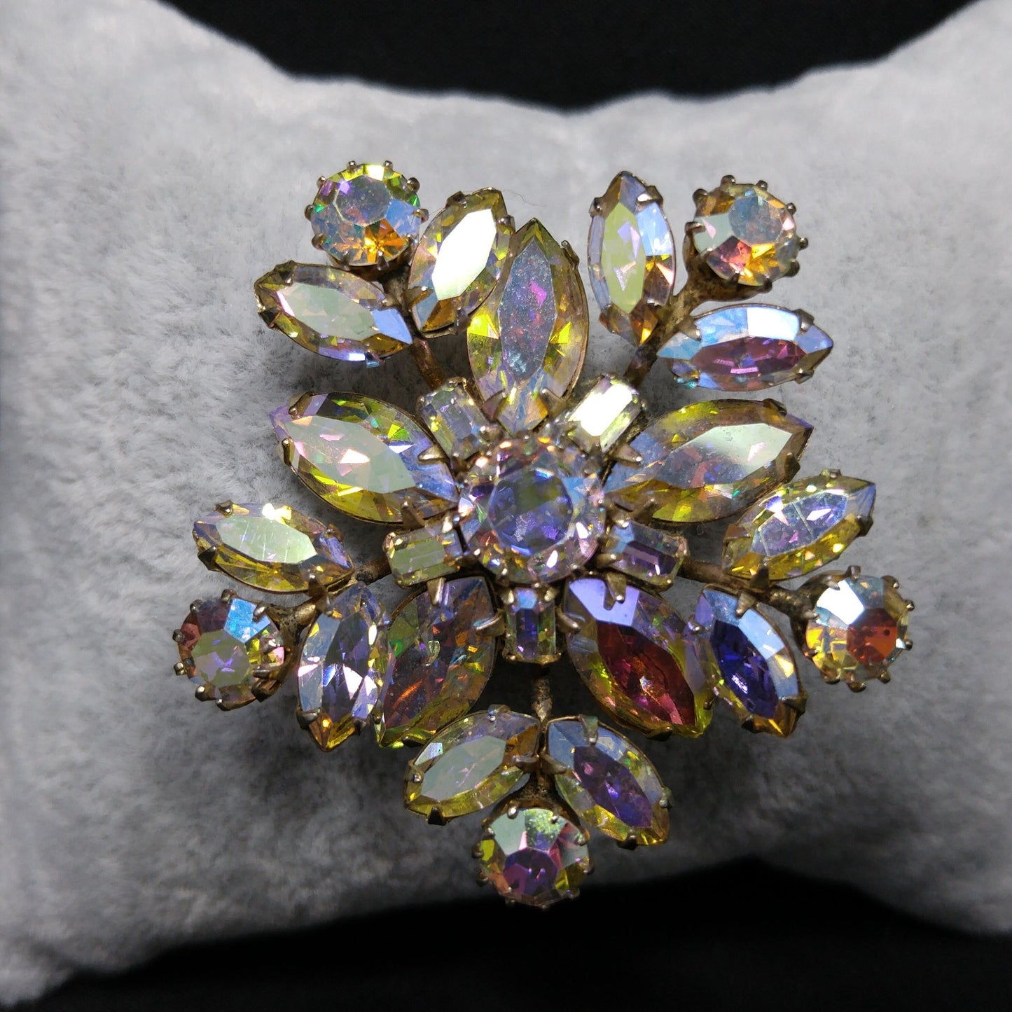 Vintage Sherman Snowflake Rhinestone Brooch, Aurora Borealis, 1960s