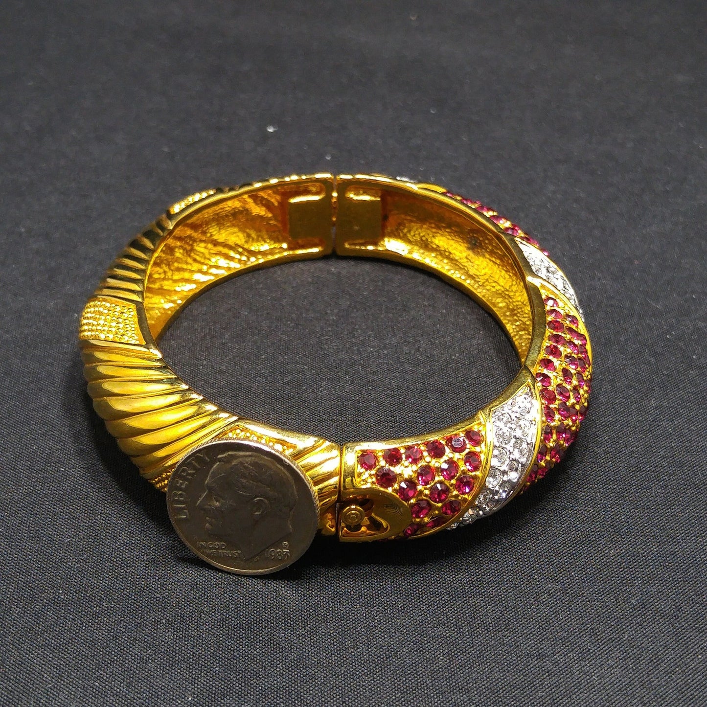 Jackie Kennedy Replica Hinged Bracelet, Camrose & Kross JBK, Red & Clear Rhinestones, 1990s Vintage Jewelry