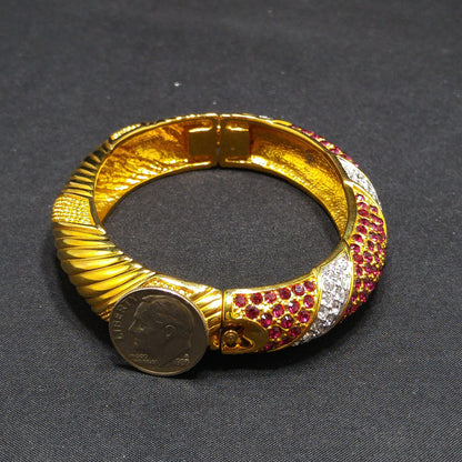 Jackie Kennedy Replica Hinged Bracelet, Camrose & Kross JBK, Red & Clear Rhinestones, 1990s Vintage Jewelry